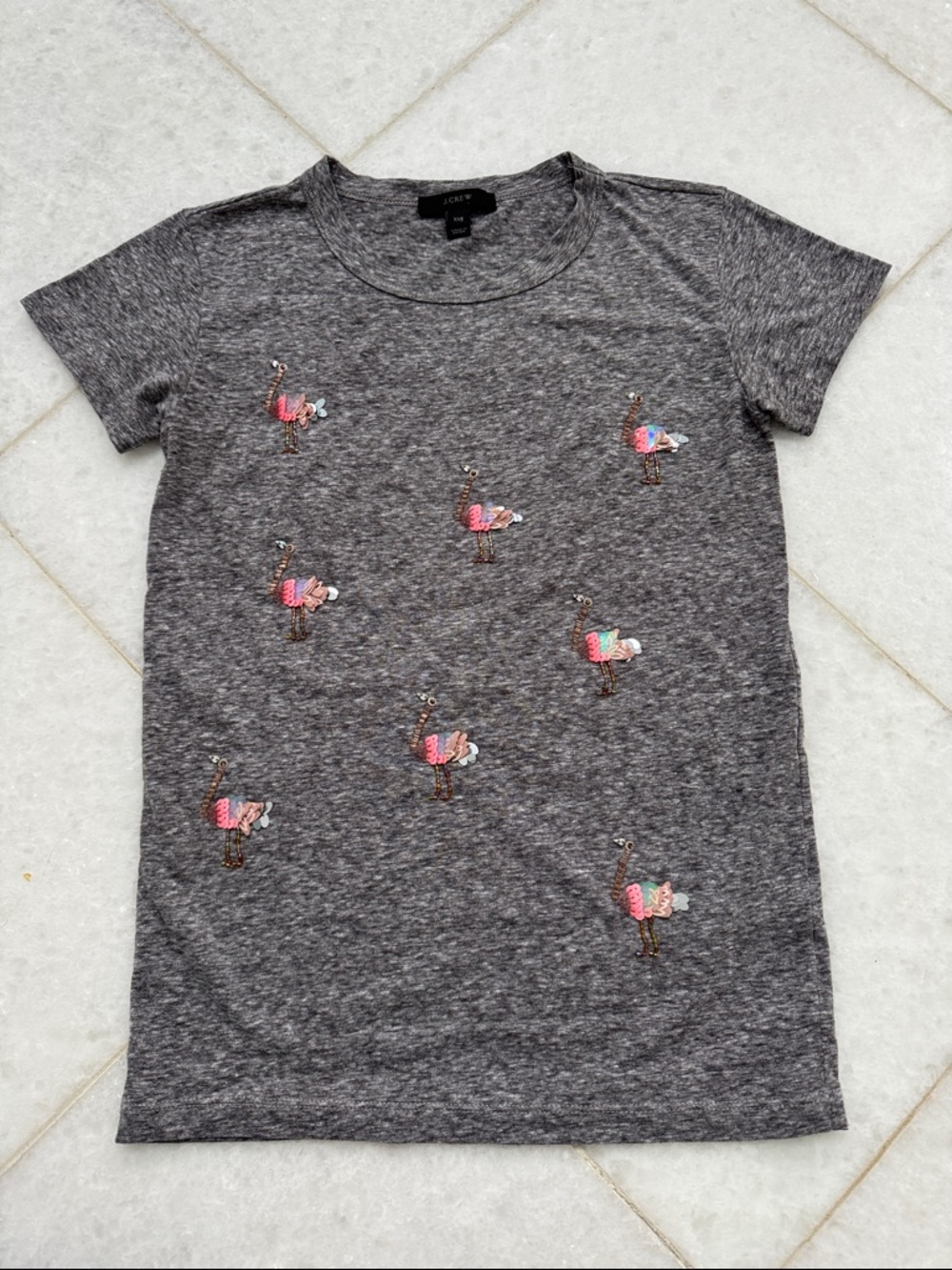 J. Crew Gray Short Sleeve Tee with Pink Sequin Flamingos XXS
